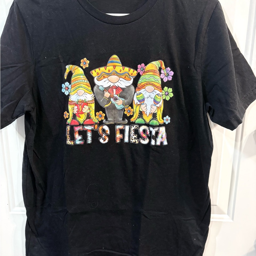 Fiesta Black Tee with Colorful Gnome Design